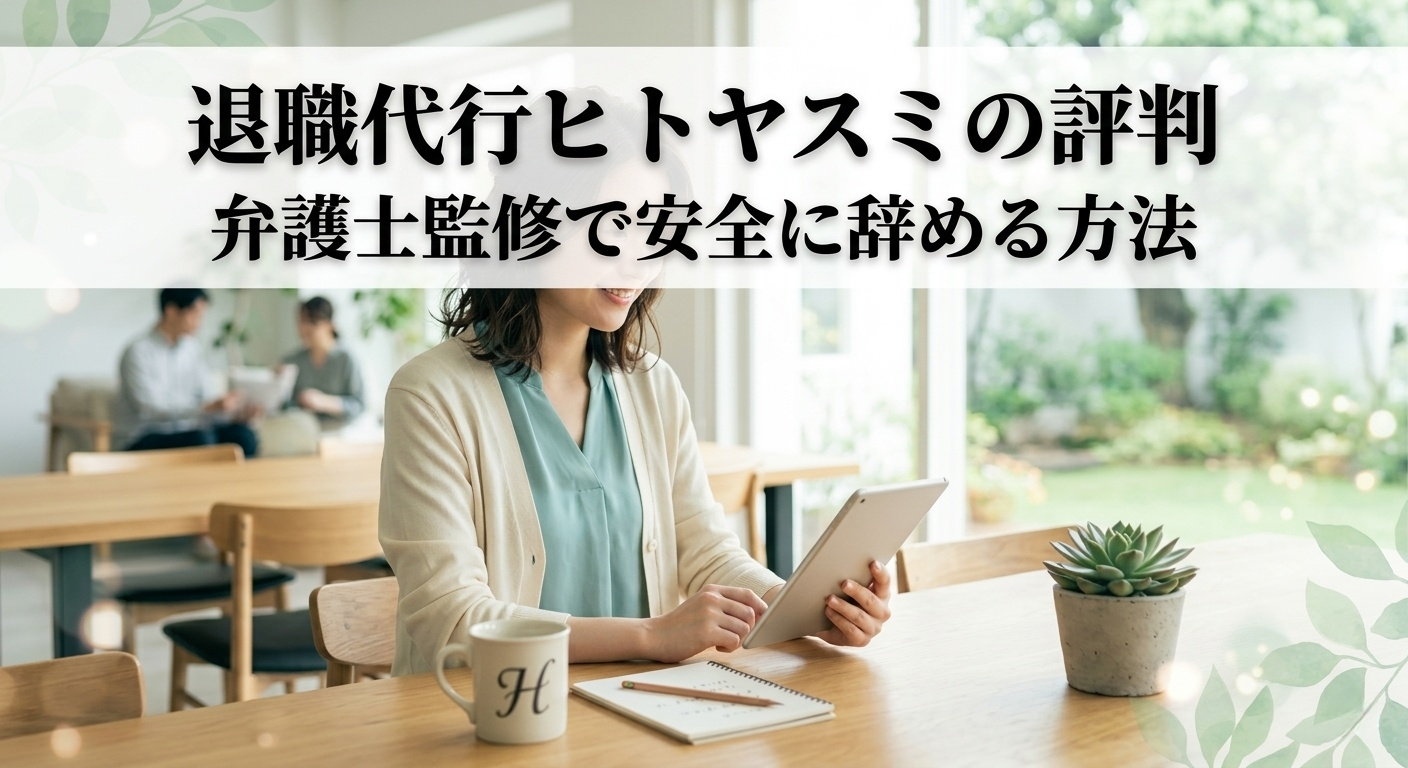 弁護士監修の退職代行ヒトヤスミのサービス概要と評判を示す安心感のあるインフォグラフィック